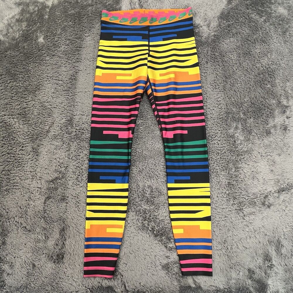 Nike Leggings Womens Small Black Rainbow Striped Athletic Ankle Stretch - Picture 1 of 12